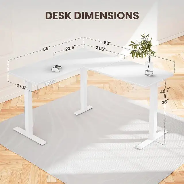 Alt view image 3 of 7 - ErGear L Shaped Standing Desk, 63"x55" Electric Adjustable Height Sit Stand up Desk, Ergonomic Large Computer Table, Left & Right Interchangeable Installation, Suitable for Home Office, White