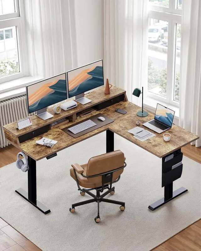 Alt view image 2 of 7 - ErGear L Shaped Electric Standing Desk, 63" Ergonomic Corner Height Adjustable Desk with Drawers, Sit Stand Computer Table with Storage for Work Office Home, Vintage Brown