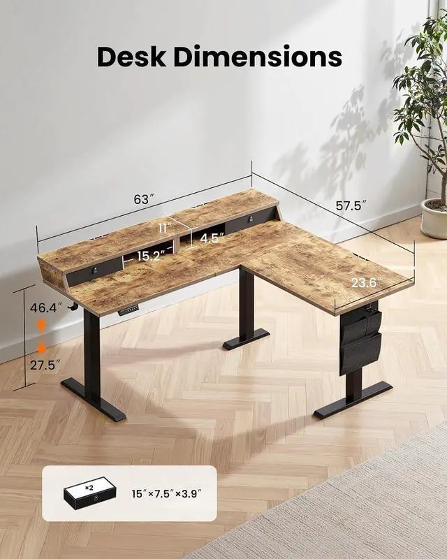 Alt view image 3 of 7 - ErGear L Shaped Electric Standing Desk, 63" Ergonomic Corner Height Adjustable Desk with Drawers, Sit Stand Computer Table with Storage for Work Office Home, Vintage Brown