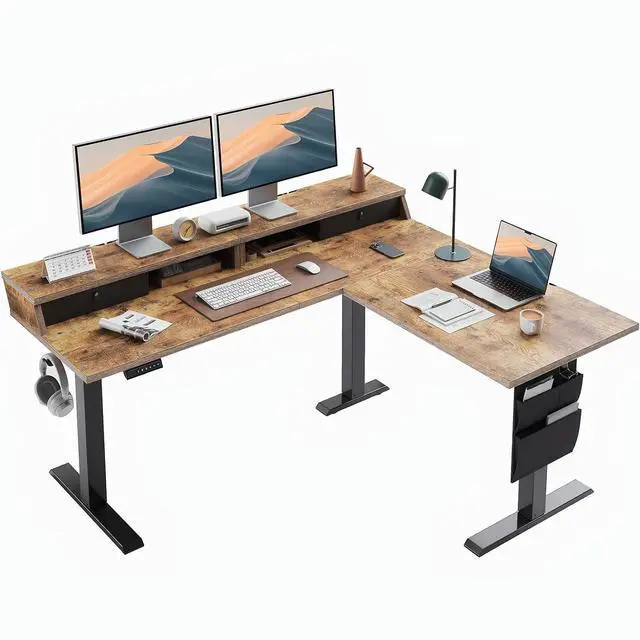 Main image of ErGear L Shaped Electric Standing Desk, 63" Ergonomic Corner Height Adjustable Desk with Drawers, Sit Stand Computer Table with Storage for Work Office Home, Vintage Brown