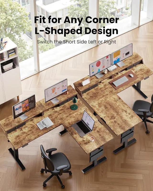 Alt view image 5 of 7 - ErGear L Shaped Electric Standing Desk, 63" Ergonomic Corner Height Adjustable Desk with Drawers, Sit Stand Computer Table with Storage for Work Office Home, Vintage Brown