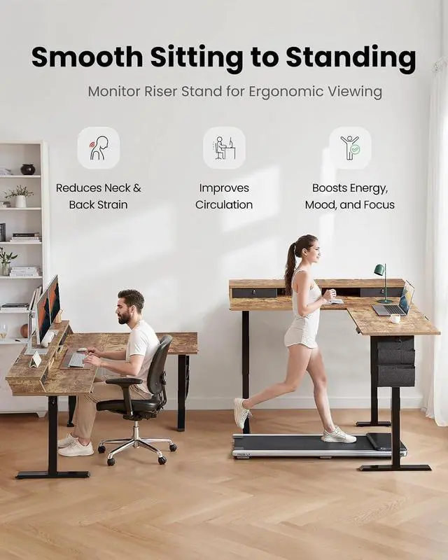 Alt view image 6 of 7 - ErGear L Shaped Electric Standing Desk, 63" Ergonomic Corner Height Adjustable Desk with Drawers, Sit Stand Computer Table with Storage for Work Office Home, Vintage Brown