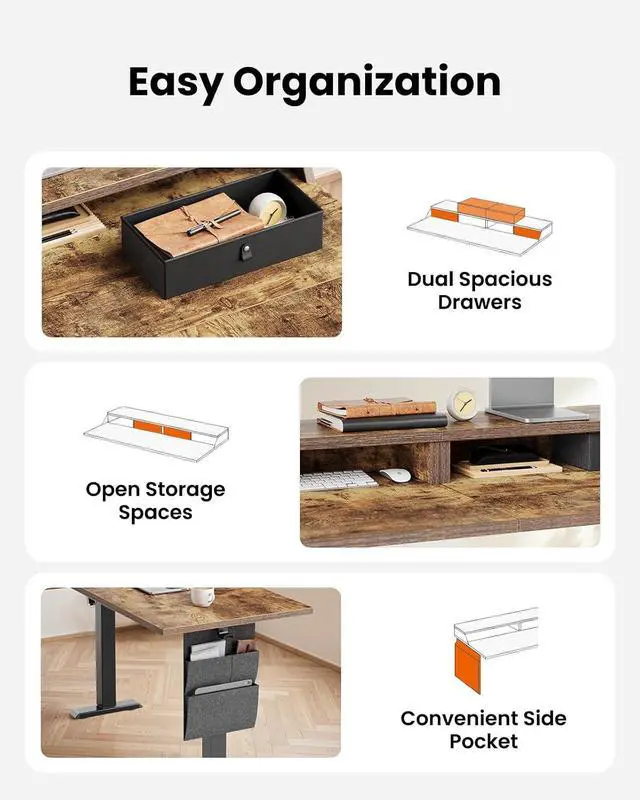 Alt view image 7 of 7 - ErGear L Shaped Electric Standing Desk, 63" Ergonomic Corner Height Adjustable Desk with Drawers, Sit Stand Computer Table with Storage for Work Office Home, Vintage Brown