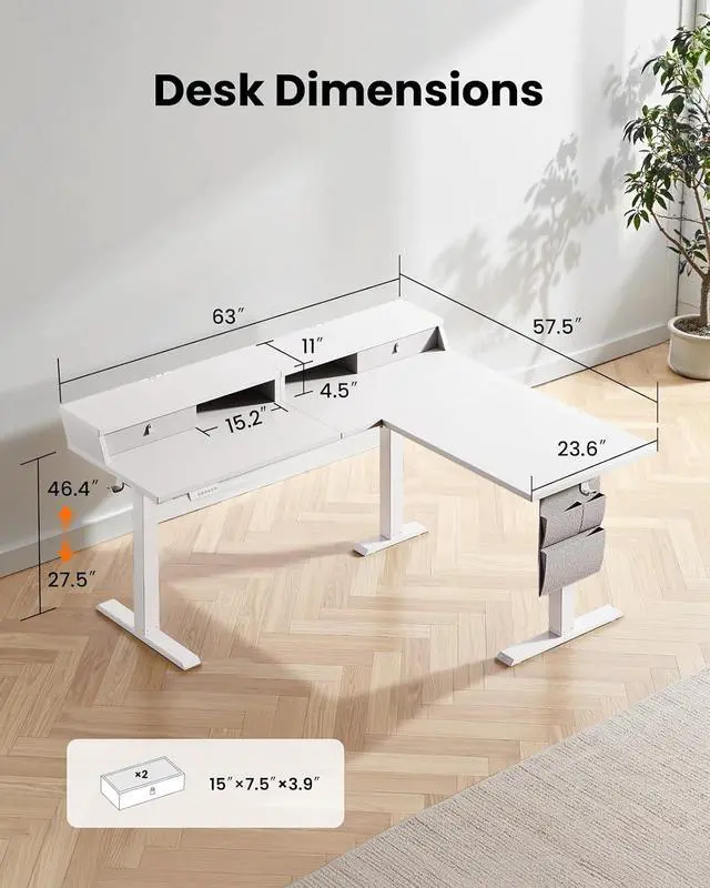 Alt view image 3 of 7 - ErGear L Shaped Electric Standing Desk, 63" Ergonomic Corner Height Adjustable Desk with Drawers, Sit Stand Computer Table with Storage for Work Office Home, White