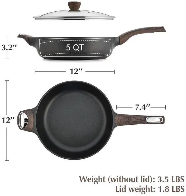 Alt view image 7 of 7 - 12 Inch Nonstick Frying Pan Skillet with Lid,5 Qt Non Stick Saute Pan,1.5 Quart Nonstick Sauce Pan with Lid,Induction Comptable, PFOA Free