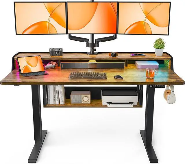 Main image of ErGear Electric Standing Desk, 55x28 Inch Adjustable Sit Stand Desk with Bookshelf & Monitor Stand, Standing Gaming Desk with LED Light Strip, Stand Up Desk for Home Office, Vintage Brown