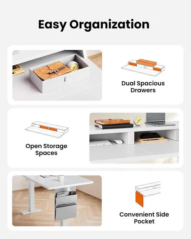 Alt view image 7 of 7 - ErGear L Shaped Electric Standing Desk, 63" Ergonomic Corner Height Adjustable Desk with Drawers, Sit Stand Computer Table with Storage for Work Office Home, White