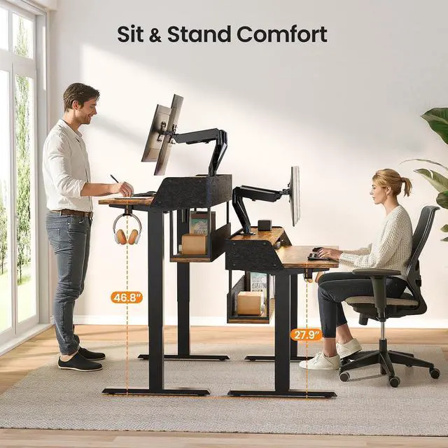 Alt view image 2 of 7 - ErGear Electric Standing Desk, 55x28 Inch Adjustable Sit Stand Desk with Bookshelf & Monitor Stand, Standing Gaming Desk with LED Light Strip, Stand Up Desk for Home Office, Vintage Brown