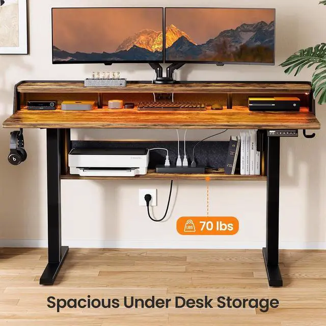 Alt view image 6 of 7 - ErGear Electric Standing Desk, 55x28 Inch Adjustable Sit Stand Desk with Bookshelf & Monitor Stand, Standing Gaming Desk with LED Light Strip, Stand Up Desk for Home Office, Vintage Brown