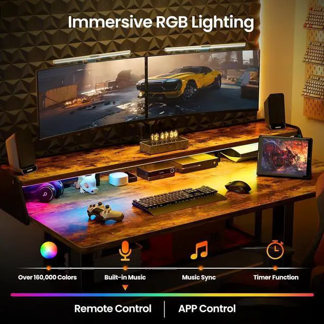 Alt view image 3 of 7 - ErGear Electric Standing Desk, 55x28 Inch Adjustable Sit Stand Desk with Bookshelf & Monitor Stand, Standing Gaming Desk with LED Light Strip, Stand Up Desk for Home Office, Vintage Brown