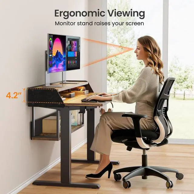 Alt view image 4 of 7 - ErGear Electric Standing Desk, 55x28 Inch Adjustable Sit Stand Desk with Bookshelf & Monitor Stand, Standing Gaming Desk with LED Light Strip, Stand Up Desk for Home Office, Vintage Brown