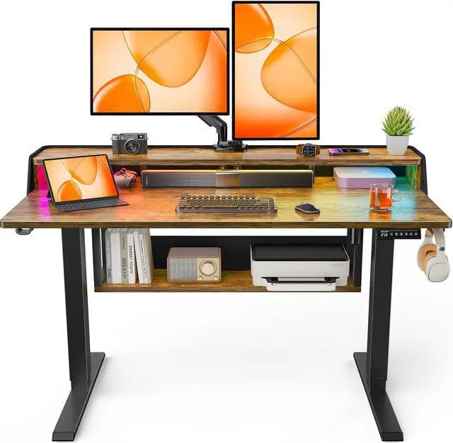 Main image of ErGear Electric Standing Desk, 48x24 Inch Adjustable Sit Stand Desk with Bookshelf & Monitor Stand, Standing Gaming Desk with LED Light Strip, Stand Up Desk for Home Office, Vintage Brown