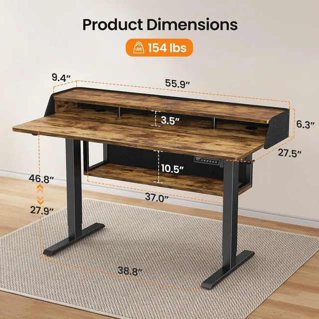 Alt view image 7 of 7 - ErGear Electric Standing Desk, 55x28 Inch Adjustable Sit Stand Desk with Bookshelf & Monitor Stand, Standing Gaming Desk with LED Light Strip, Stand Up Desk for Home Office, Vintage Brown