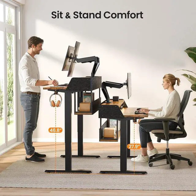 Alt view image 3 of 7 - ErGear Electric Standing Desk, 48x24 Inch Adjustable Sit Stand Desk with Bookshelf & Monitor Stand, Standing Gaming Desk with LED Light Strip, Stand Up Desk for Home Office, Vintage Brown