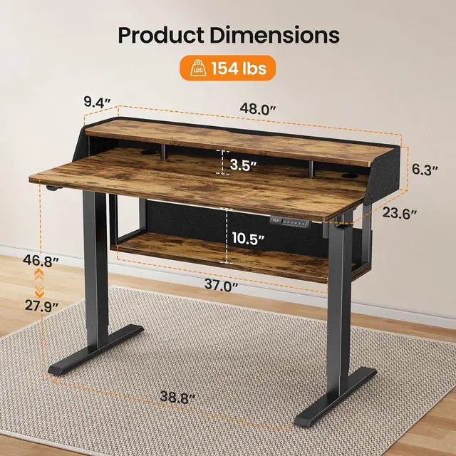Alt view image 7 of 7 - ErGear Electric Standing Desk, 48x24 Inch Adjustable Sit Stand Desk with Bookshelf & Monitor Stand, Standing Gaming Desk with LED Light Strip, Stand Up Desk for Home Office, Vintage Brown