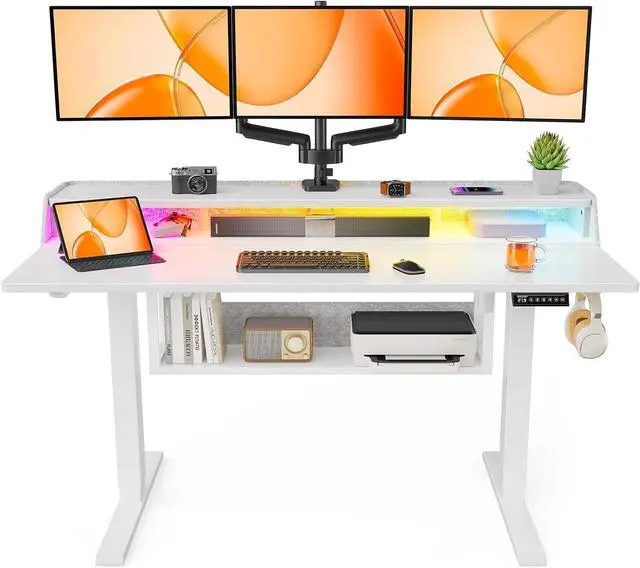 Main image of ErGear Electric Standing Desk, 55x28 Inch Adjustable Sit Stand Desk with Bookshelf & Monitor Stand, Standing Gaming Desk with LED Light Strip, Stand Up Desk for Home Office, White