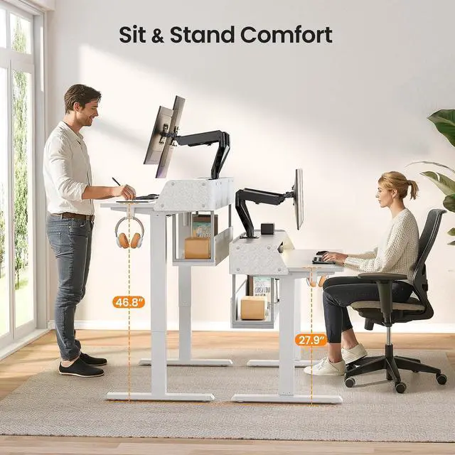 Alt view image 2 of 7 - ErGear Electric Standing Desk, 55x28 Inch Adjustable Sit Stand Desk with Bookshelf & Monitor Stand, Standing Gaming Desk with LED Light Strip, Stand Up Desk for Home Office, White