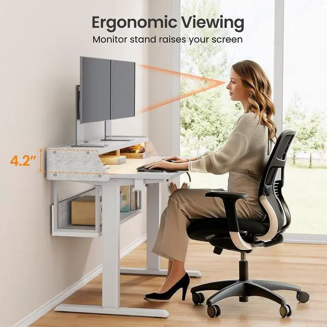 Alt view image 4 of 7 - ErGear Electric Standing Desk, 55x28 Inch Adjustable Sit Stand Desk with Bookshelf & Monitor Stand, Standing Gaming Desk with LED Light Strip, Stand Up Desk for Home Office, White