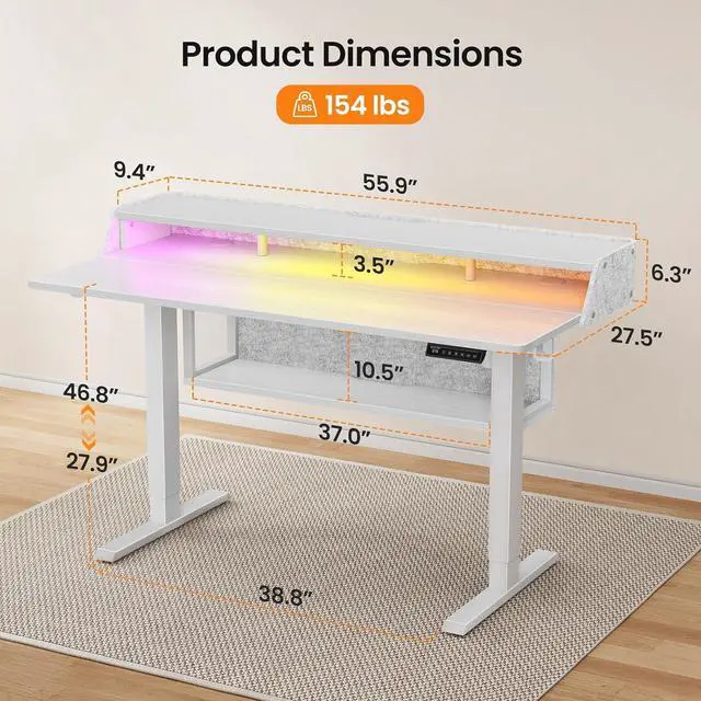 Alt view image 5 of 7 - ErGear Electric Standing Desk, 55x28 Inch Adjustable Sit Stand Desk with Bookshelf & Monitor Stand, Standing Gaming Desk with LED Light Strip, Stand Up Desk for Home Office, White