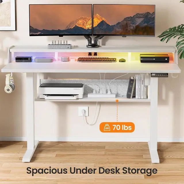 Alt view image 6 of 7 - ErGear Electric Standing Desk, 55x28 Inch Adjustable Sit Stand Desk with Bookshelf & Monitor Stand, Standing Gaming Desk with LED Light Strip, Stand Up Desk for Home Office, White