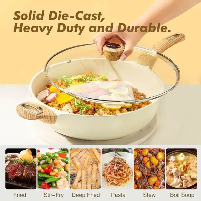 Alt view image 5 of 7 - Ceramic Nonstick Frying Pan Skillet with Lid, 12 Inch Large Deep Frying Pan, 5 Qt Saute Pan, Induction Pan, Healthy Non Toxic Cooking Pan with Helper Handle, PFOA PFAS PTFE Free