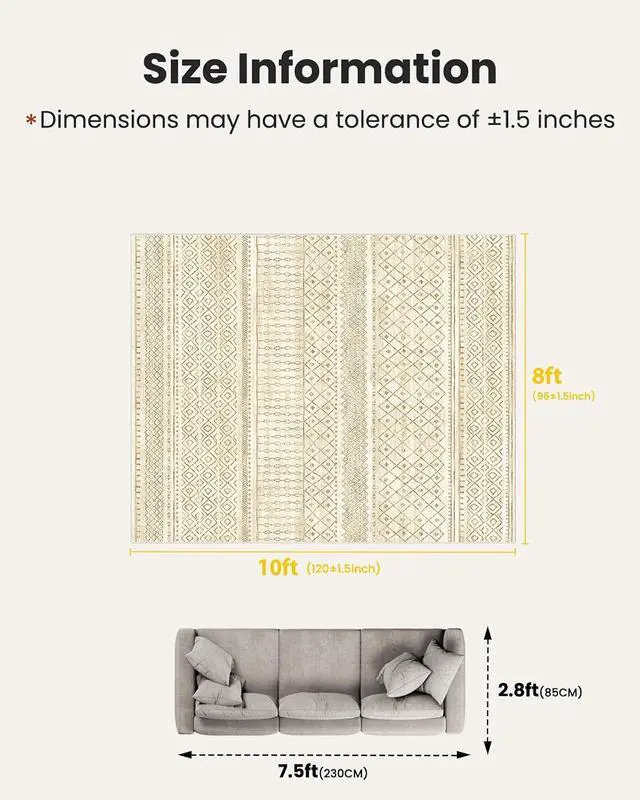 Alt view image 2 of 7 - Amada Homefurnishing 8x10 Washable Area Rugs, Beige Boho Geometric Low-Pile Rug with Non-Slip Backing, Stain Resistance & Durable Edge Binding, Soft Indoor Carpet for Living Room, Bedroom, Dining Room