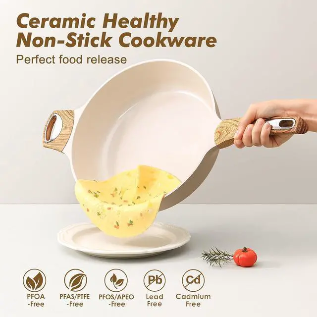 Alt view image 2 of 7 - Ceramic Nonstick Frying Pan Skillet with Lid, 13.3 Inch Large Deep Frying Pan, 6 QT Saute Pan, Induction Pan, Healthy Non Toxic Cooking Pan with Helper Handle, PFOA PFAS PTFE Free
