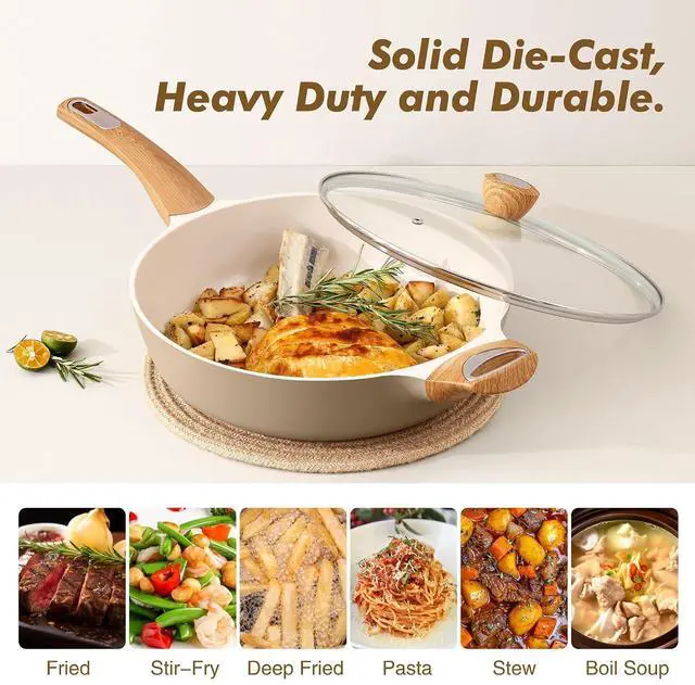 Alt view image 5 of 7 - Ceramic Nonstick Frying Pan Skillet with Lid, 13.3 Inch Large Deep Frying Pan, 6 QT Saute Pan, Induction Pan, Healthy Non Toxic Cooking Pan with Helper Handle, PFOA PFAS PTFE Free