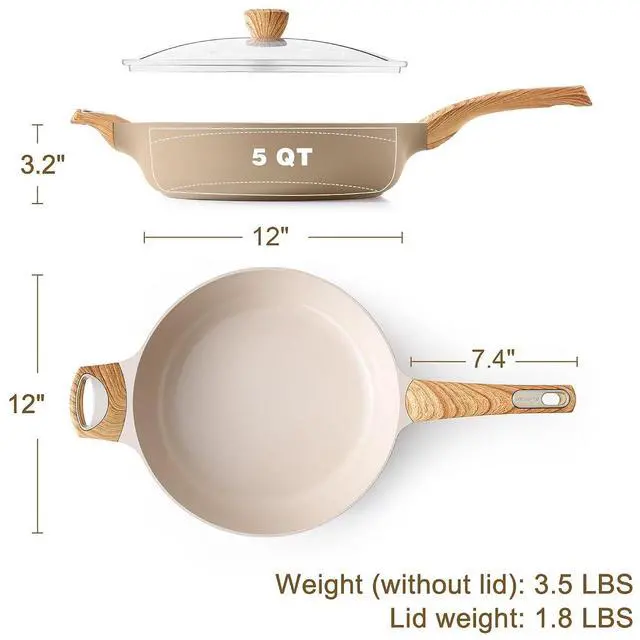Alt view image 6 of 7 - Ceramic Nonstick Frying Pan Skillet with Lid, 12 Inch Large Deep Frying Pan, 5 QT Saute Pan, Induction Pan, Healthy Non Toxic Cooking Pan with Helper Handle, PFOA PFAS PTFE Free