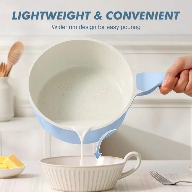 Alt view image 3 of 7 - Ceramic Nonstick Saucepan with Lid 2.0 Quarts, Small Cooking Pot with Stay Cool Handle, Induction Compatible, Ceramic Coating, Free of Intentionally Added PTFE/PFOA/PFAS, Glacier Blue