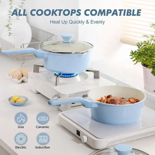 Alt view image 4 of 7 - Ceramic Nonstick Saucepan with Lid 2.0 Quarts, Small Cooking Pot with Stay Cool Handle, Induction Compatible, Ceramic Coating, Free of Intentionally Added PTFE/PFOA/PFAS, Glacier Blue