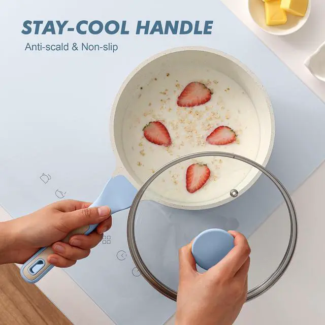 Alt view image 6 of 7 - Ceramic Nonstick Saucepan with Lid 2.0 Quarts, Small Cooking Pot with Stay Cool Handle, Induction Compatible, Ceramic Coating, Free of Intentionally Added PTFE/PFOA/PFAS, Glacier Blue