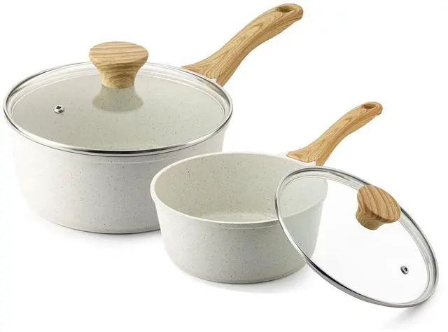 Main image of White Ceramic Nonstick Saucepan with Lid Set, Small Cooking Pot with Stay Cool Handle, Induction Compatible Saucepot, White Granite Coating, PFOA/PFAS Free, 1.5 + 2.5QT