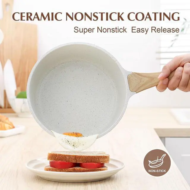 Alt view image 2 of 7 - White Ceramic Nonstick Saucepan with Lid Set, Small Cooking Pot with Stay Cool Handle, Induction Compatible Saucepot, White Granite Coating, PFOA/PFAS Free, 1.5 + 2.5QT