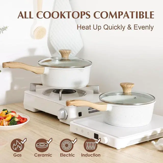 Alt view image 4 of 7 - White Ceramic Nonstick Saucepan with Lid Set, Small Cooking Pot with Stay Cool Handle, Induction Compatible Saucepot, White Granite Coating, PFOA/PFAS Free, 1.5 + 2.5QT