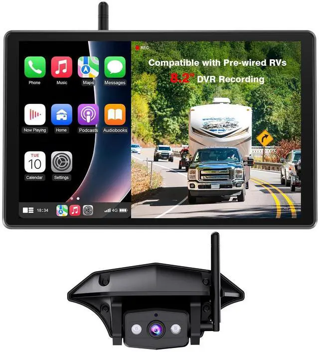 Main image of AUTO-VOX 8.2'' RV Backup Camera Wireless: Compatible with Pre-Wired RV, 1080P HD Monitor with CarPlay, Voice Control, IR Night Vision, DVR Recording Back Up Camera for Camper, Trailer, Motorhome