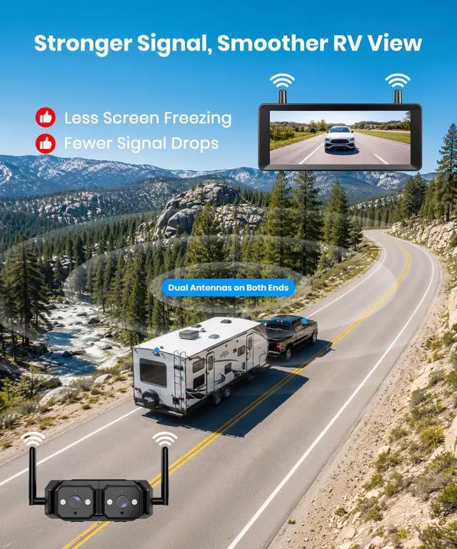 Alt view image 3 of 7 - AUTO-VOX Wireless RV Backup Camera System: Dual Lens Rear and Side Coverage on 7.2" HD Monitor, Triple Split View, IR Night Vision, DVR Ready Back up Camera for RV, Travel Trailer, Motorhome, Camper