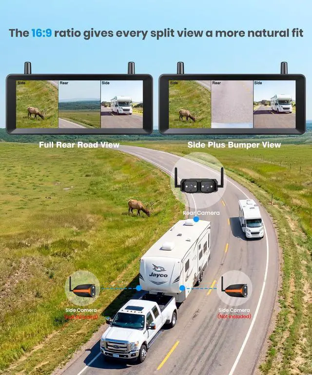 Alt view image 6 of 7 - AUTO-VOX Wireless RV Backup Camera: Dual Lens Road and Bumper View, Dual Antenna Smooth Live View, 7.2" 1080P DVR Monitor, IR Night Vision Back up Camera for Prewired RV, 5th Wheel, Trailer, Camper