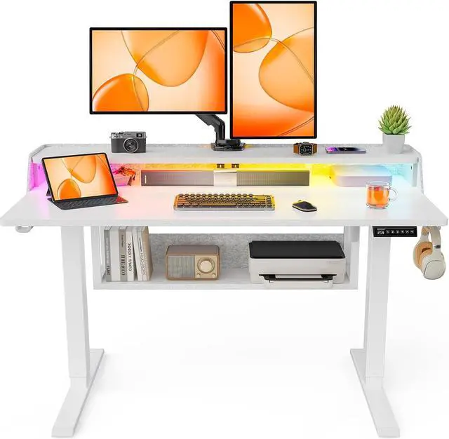 Main image of ErGear Electric Standing Desk, 48x24 Inch Adjustable Sit Stand Desk with Bookshelf & Monitor Stand, Standing Gaming Desk with LED Light Strip, Stand Up Desk for Home Office, White