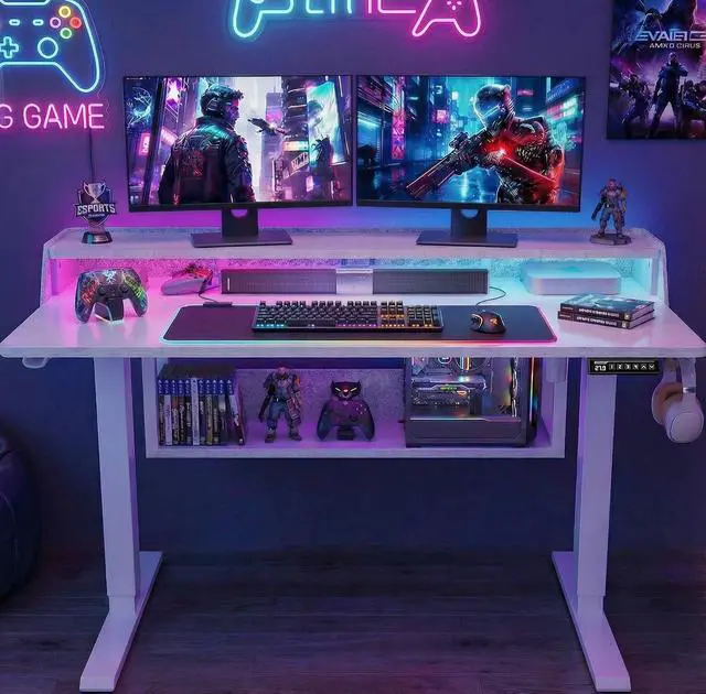 Alt view image 2 of 7 - ErGear Electric Standing Desk, 48x24 Inch Adjustable Sit Stand Desk with Bookshelf & Monitor Stand, Standing Gaming Desk with LED Light Strip, Stand Up Desk for Home Office, White