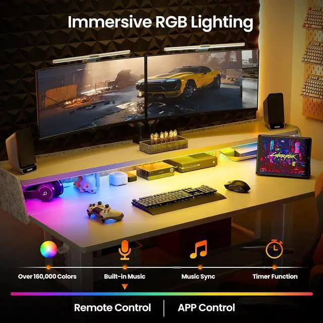Alt view image 4 of 7 - ErGear Electric Standing Desk, 48x24 Inch Adjustable Sit Stand Desk with Bookshelf & Monitor Stand, Standing Gaming Desk with LED Light Strip, Stand Up Desk for Home Office, White
