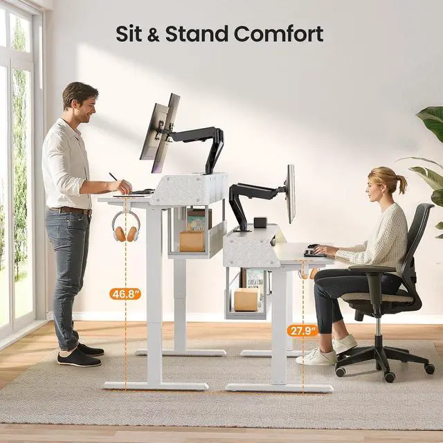 Alt view image 3 of 7 - ErGear Electric Standing Desk, 48x24 Inch Adjustable Sit Stand Desk with Bookshelf & Monitor Stand, Standing Gaming Desk with LED Light Strip, Stand Up Desk for Home Office, White