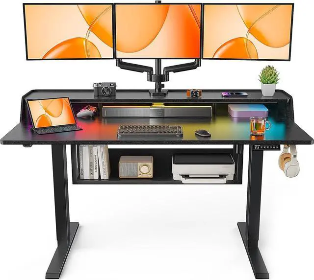 Main image of ErGear Electric Standing Desk, 55x28 Inch Adjustable Sit Stand Desk with Bookshelf & Monitor Stand, Standing Gaming Desk with LED Light Strip, Stand Up Desk for Home Office, Black