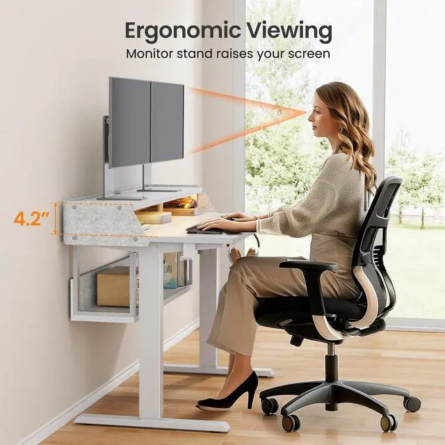 Alt view image 6 of 7 - ErGear Electric Standing Desk, 48x24 Inch Adjustable Sit Stand Desk with Bookshelf & Monitor Stand, Standing Gaming Desk with LED Light Strip, Stand Up Desk for Home Office, White