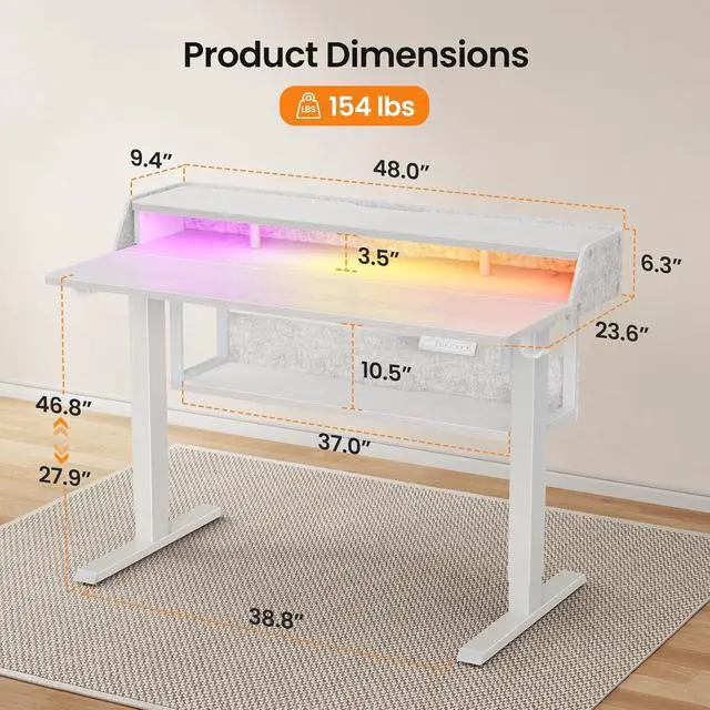 Alt view image 7 of 7 - ErGear Electric Standing Desk, 48x24 Inch Adjustable Sit Stand Desk with Bookshelf & Monitor Stand, Standing Gaming Desk with LED Light Strip, Stand Up Desk for Home Office, White