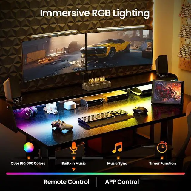 Alt view image 3 of 7 - ErGear Electric Standing Desk, 55x28 Inch Adjustable Sit Stand Desk with Bookshelf & Monitor Stand, Standing Gaming Desk with LED Light Strip, Stand Up Desk for Home Office, Black