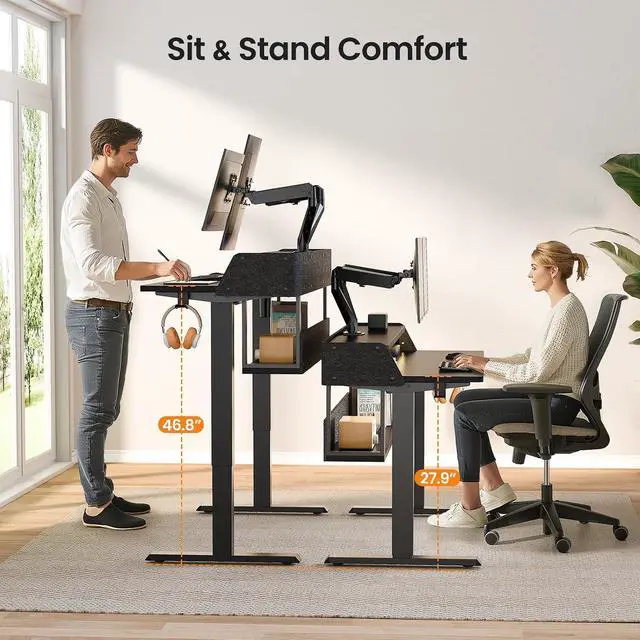 Alt view image 2 of 7 - ErGear Electric Standing Desk, 55x28 Inch Adjustable Sit Stand Desk with Bookshelf & Monitor Stand, Standing Gaming Desk with LED Light Strip, Stand Up Desk for Home Office, Black