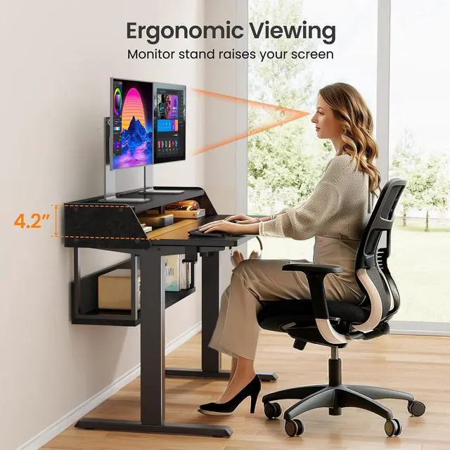 Alt view image 4 of 7 - ErGear Electric Standing Desk, 55x28 Inch Adjustable Sit Stand Desk with Bookshelf & Monitor Stand, Standing Gaming Desk with LED Light Strip, Stand Up Desk for Home Office, Black
