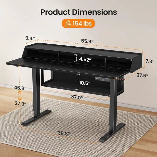 Alt view image 5 of 7 - ErGear Electric Standing Desk, 55x28 Inch Adjustable Sit Stand Desk with Bookshelf & Monitor Stand, Standing Gaming Desk with LED Light Strip, Stand Up Desk for Home Office, Black