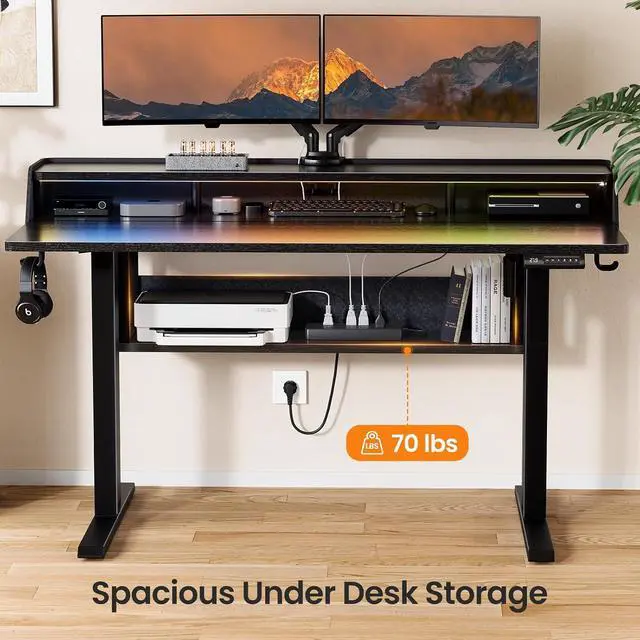 Alt view image 7 of 7 - ErGear Electric Standing Desk, 55x28 Inch Adjustable Sit Stand Desk with Bookshelf & Monitor Stand, Standing Gaming Desk with LED Light Strip, Stand Up Desk for Home Office, Black